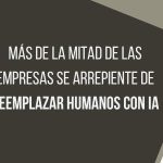 Imagen de cabecera de Snoop Consulting con el texto en español 'MÁS DE LA MITAD DE LAS EMPRESAS SE ARREPIENTE DE REEMPLAZAR HUMANOS CON IA'. A la izquierda, una persona con una máscara de maniquí blanca y anónima se cubre la cara con las manos en un gesto de angustia. A la derecha, el logotipo de Snoop Consulting. El diseño utiliza colores corporativos en un fondo de formas geométricas.